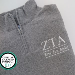 Zeta Tau Alpha, Quarter Zip Sweatshirt, ZTA Sorority Embroidered QZip Cadet Collar Sweatshirt, 1/4 Zip Pullover, Pledge Gift