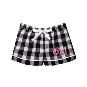 Phi Mu Sorority Flannel Boxers, Phi Mu sleepwear, sleep bottoms loungewear pjs boxer shorts pj bottoms, clothing apparel bid day rush gift