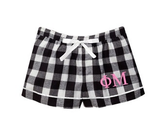Phi Mu Sorority Flannel Boxers, Phi Mu sleepwear, sleep bottoms loungewear pjs boxer shorts pj bottoms, clothing apparel bid day rush gift
