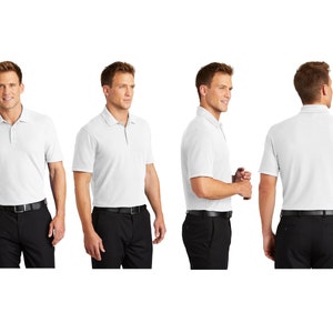 May include: A white short-sleeved polo shirt with a button-down collar. The shirt is shown on a model wearing black pants.