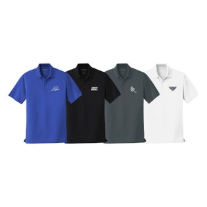 May include: Four different polo shirts with various logos embroidered on the left chest. The shirts are in blue, black, gray, and white.