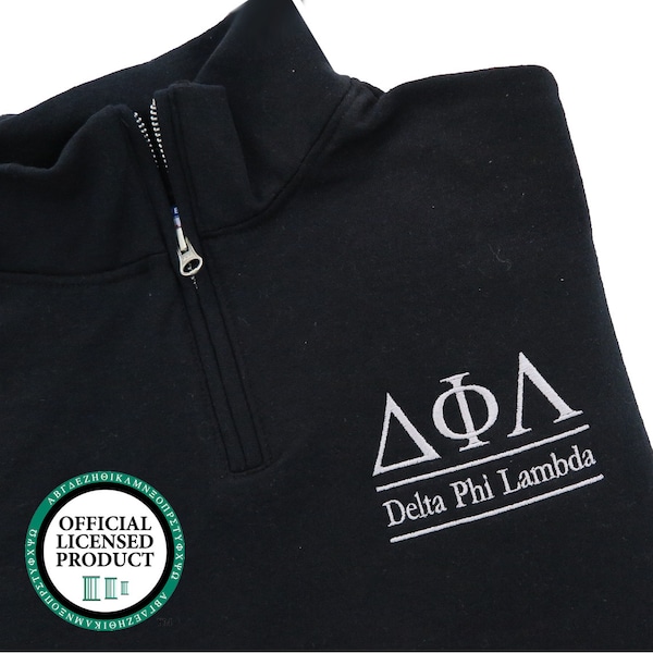 Delta Phi Lambda, Quarter Zip Sweatshirt, DFL Fraternity Embroidered QZip Cadet Collar Sweatshirt, 1/4 Zip, Frat Pledge Gift Idea