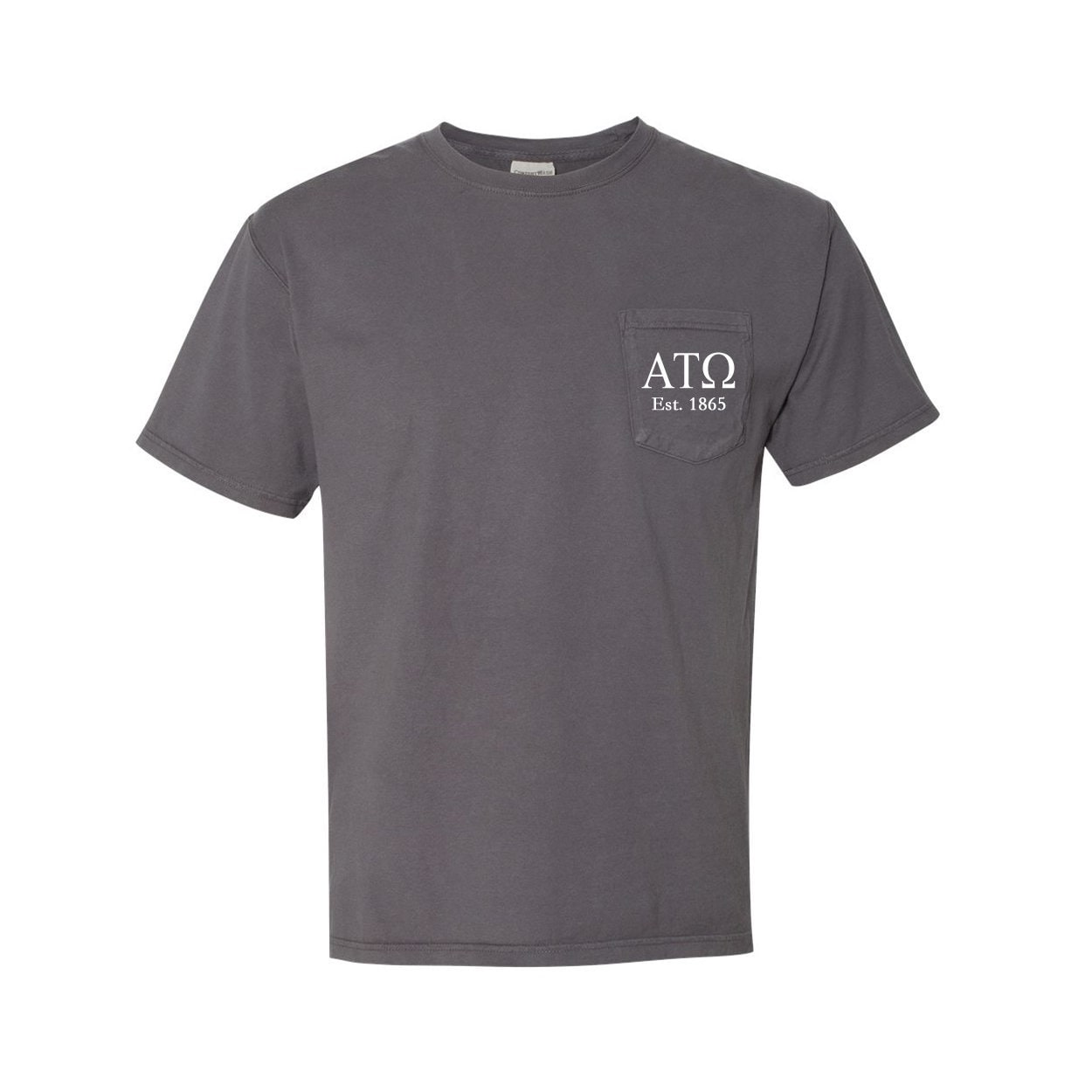 Alpha Tau Omega, Short Sleeve Pocket Tee with Est Year, Beach Washed Comfy T-shirt, Vintage Look and Feel