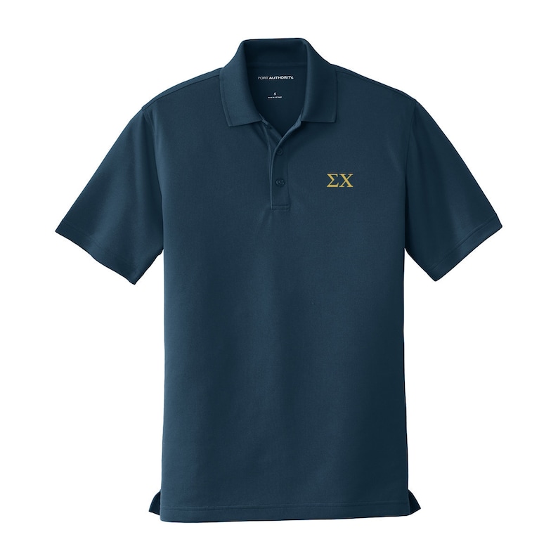 May include: A dark blue polo shirt with a gold embroidered Greek letter '&Sigma;X' on the left chest.