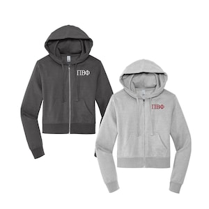 Pi Beta Phi Embroidered Full Zip crop Hoodie, Pi Beta Phi Cropped Length Hoodie, Pi Beta Phi Pledge Bid Day Gift