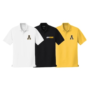 May include: Three polo shirts in white, black, and yellow with a black and gold "A" logo on the left chest and "APPSTATE." on the black shirt.