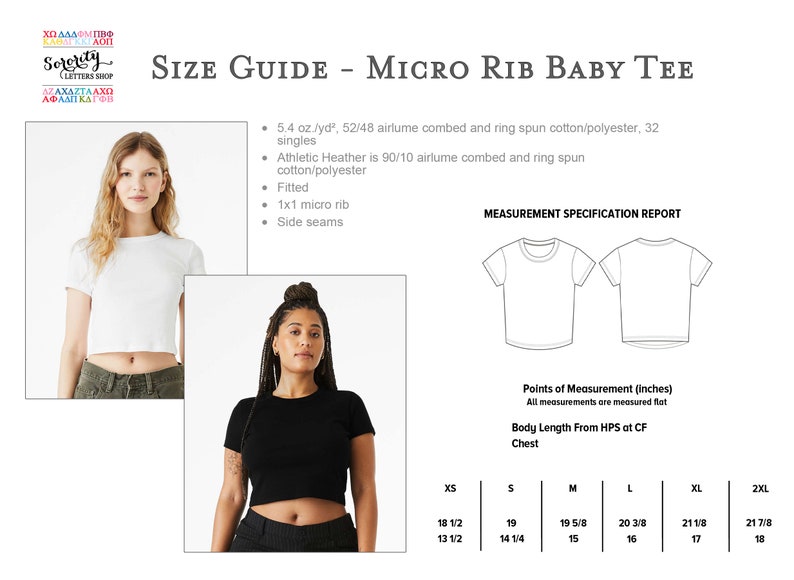 K&ouml;nnte beinhalten: Gr&ouml;&szlig;entabelle f&uuml;r ein Micro-Ripp-Baby-T-Shirt. Die Tabelle zeigt die Ma&szlig;e in Zoll f&uuml;r Brustumfang und K&ouml;rperl&auml;nge von der Schulterh&ouml;he bis zur vorderen Mitte. Die Gr&ouml;&szlig;en umfassen XS, S, M, L, XL und 2XL.