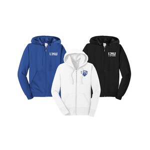 May include: Three zippered hoodies in white, black, and blue with the text "I:NU" and a logo on the front.