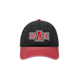 May include: A black and red baseball cap with the words "STATE" and a red "A" in a box.