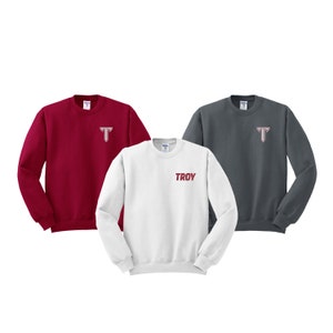 Troy University, Embroidered Crewneck Sweatshirt, Troy Trojans, Apparel Clothing, Troy Trojans Spirit Wear Merch Graduation Gifts