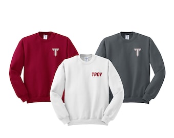 Troy University, Embroidered Crewneck Sweatshirt, Troy Trojans, Apparel Clothing, Troy Trojans Spirit Wear Merch Graduation Gifts