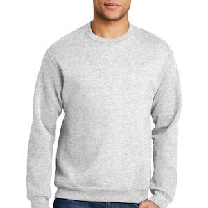 May include: A heather gray sweatshirt with a crew neck.