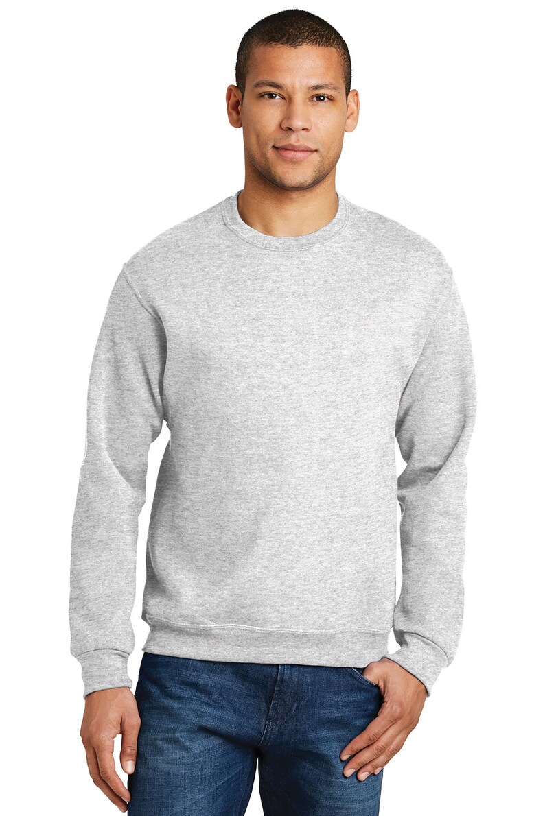 May include: A heather gray sweatshirt with a crew neck.