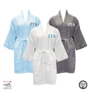 Zeta Tau Alpha Waffle Weave Bath Robe, ZTA short Waffle Weave Robe, Zeta Sorority Letter Bath Robe, Greek Apparel, ZTA Greek Spa Robe
