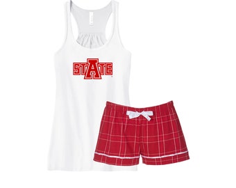 Arkansas State University, Flannel Boxer and Tank Set, State Redwolves Pj Set, Comfy Loungewear Sleepwear Pajamas, Graduation Gifts, Swag