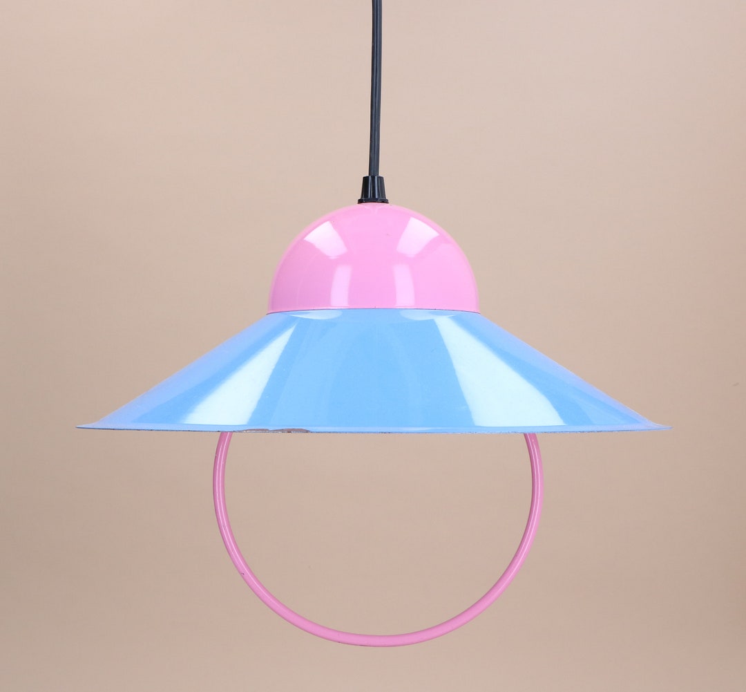 Vintage Metal Hanging Lamp Soft Pink and Soft Blue Memphis Style 20 Cm
