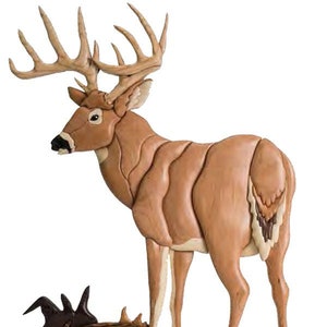 May include: A wooden carving of a white-tailed deer with large antlers standing in a forest setting. The deer is brown with a white underbelly and is carved in a realistic style.