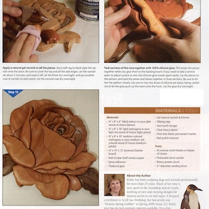 May include: A detailed woodworking project of a rose made from various wood types. The rose is assembled and glued to a backing board. The project includes instructions for gluing, sanding, and varnishing the wood pieces. The project is titled "Intarsia Spring Gobbler" and is available for purchase from Kathy Wise.