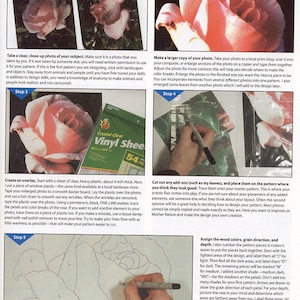 May include: A step-by-step guide on how to design a custom pattern using a photo of a pink rose. The guide includes instructions on taking a photo, enlarging it, tracing the image onto clear plastic, and assigning wood colours and grain direction.