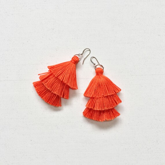 long statement earrings fringe boho earring Exclusive handmade summer jewelry birthday gift Bright orange tassel earrings