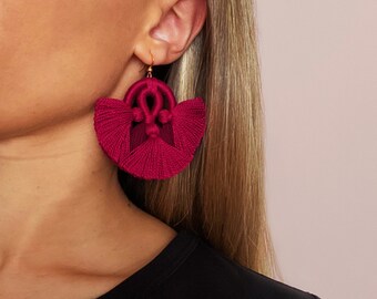 Pendientes Macrame Borlas Granate Pendientes Flecos Macrame Etsy España