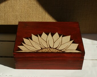 wooden tea box, tea organizer, sunflower box, pyrography box, jewelry box, made to order