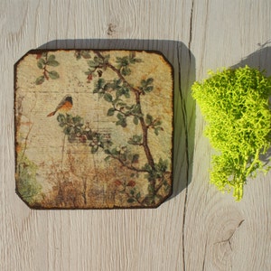 rustic forest coaster, wooden coaster, rustic decor, wooden decor, tree coaster, bird coaster, table decor, decoupage coaster