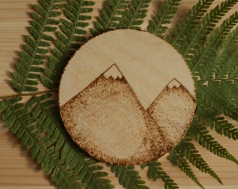 set of coasters, mountain decoration, mountain coasters, table decor, rustic coasters, mountains decor, pyrography round coaster