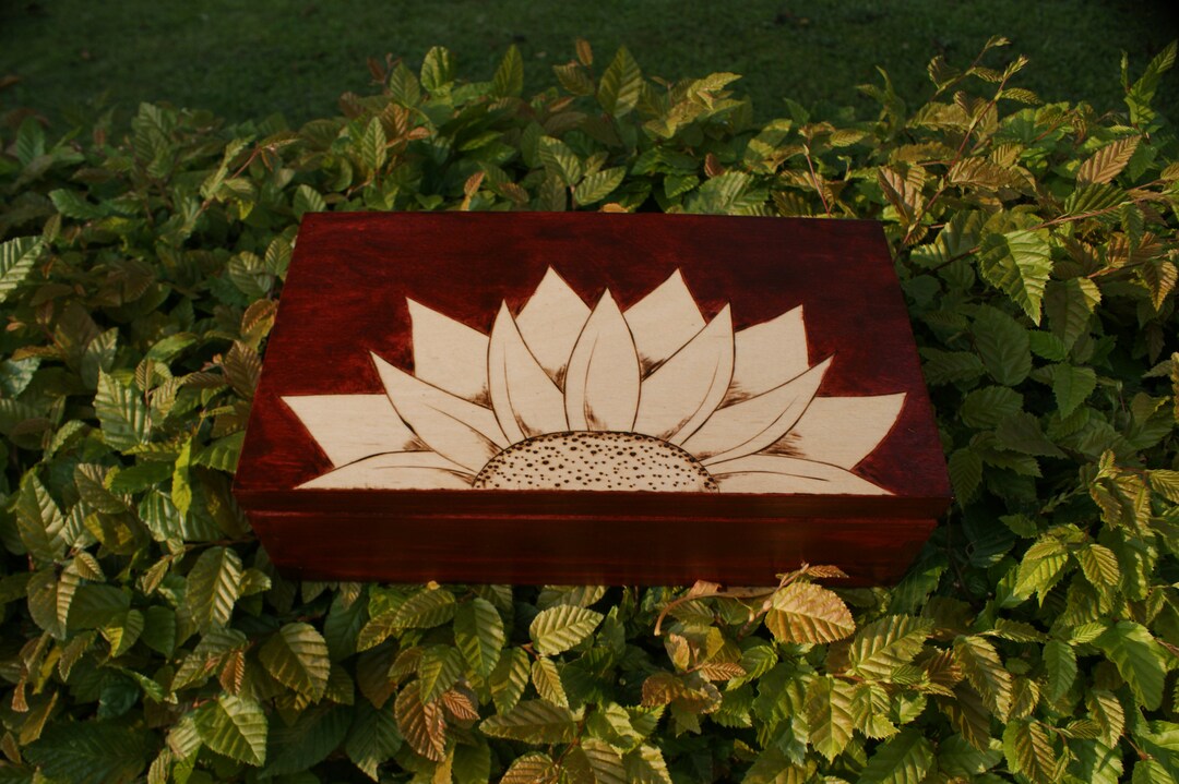 Wooden Tea Box, Rustic Box, Flower Box, Sunflower Box, Pyrography Box ...
