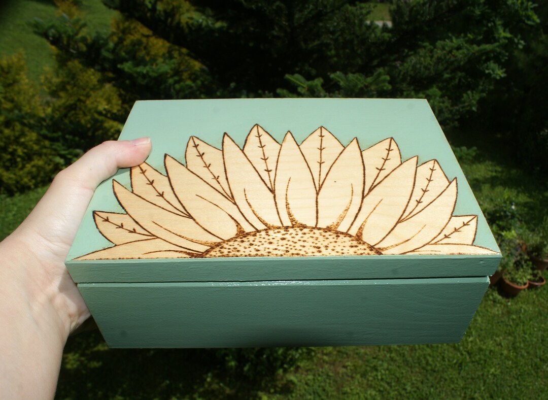 Tea Box, Jewelry Box, Flower Box, Sunflower Box, Pyrography Box