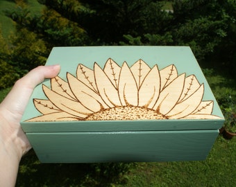 tea box, jewelry box, flower box, sunflower box, pyrography box, painted box, decorative box, woodburned box