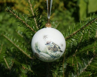 Christmas decoration, Christmas ornaments, white ornament, Christmas tree ornament, decoupage ornament, bird ornament