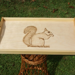 wooden tray, rustic tray, breakfast tray, squirrel tray, wood burned tray, serving tray, kitchen tray