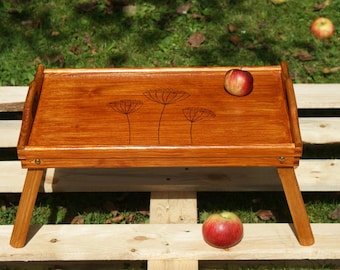 rustic breakfast tray, wooden tray with legs, bed tray, folded tray, rustic tray, serving tray, flower tray, pyrography tray woodburned tray