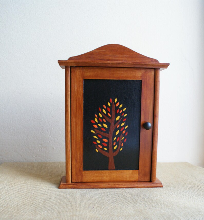 autumn wooden key box, wooden key holder, wall key hanger, wooden key organizer, tree hanger, painted key box image 1