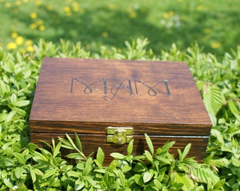 tea box, personalized gift, personalized box, pyrography custom initials box, wooden box, monogram box. wood burned box, jewelry box
