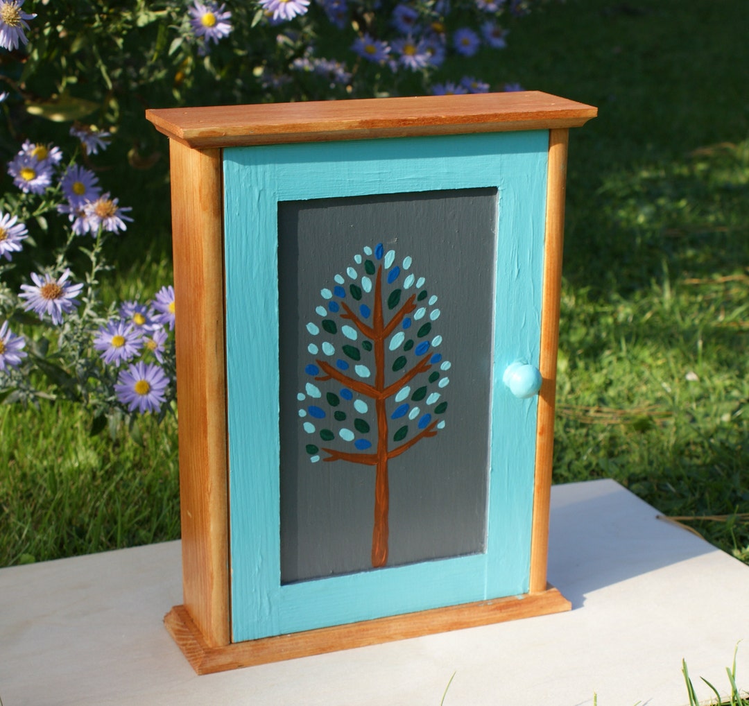 Wooden Key Hanger With Tree, Wooden Key Box, Painted Key Box, Wall Key ...