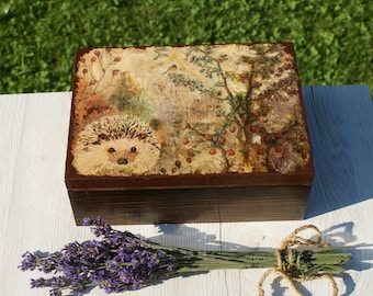 rustic tea box, wooden tea box, keepsake box, memory box, tea organizer, decoupage box, jewelry box, rustic box, forest box