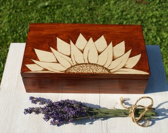 memory box, keepsake box, wooden tea box, sunflower box with 8 compartments, pyrography box, wooden box with compartments, jewelry box