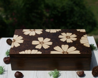 wooden tea box, rustic box, wooden tea organizer, flower box, jewelry box, jewelry organizer with 8 compartments, pyrography box