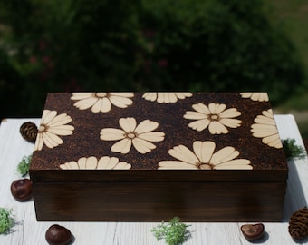 wooden tea box, rustic box, wooden tea organizer, flower box, jewelry box, jewelry organizer with 8 compartments, pyrography box