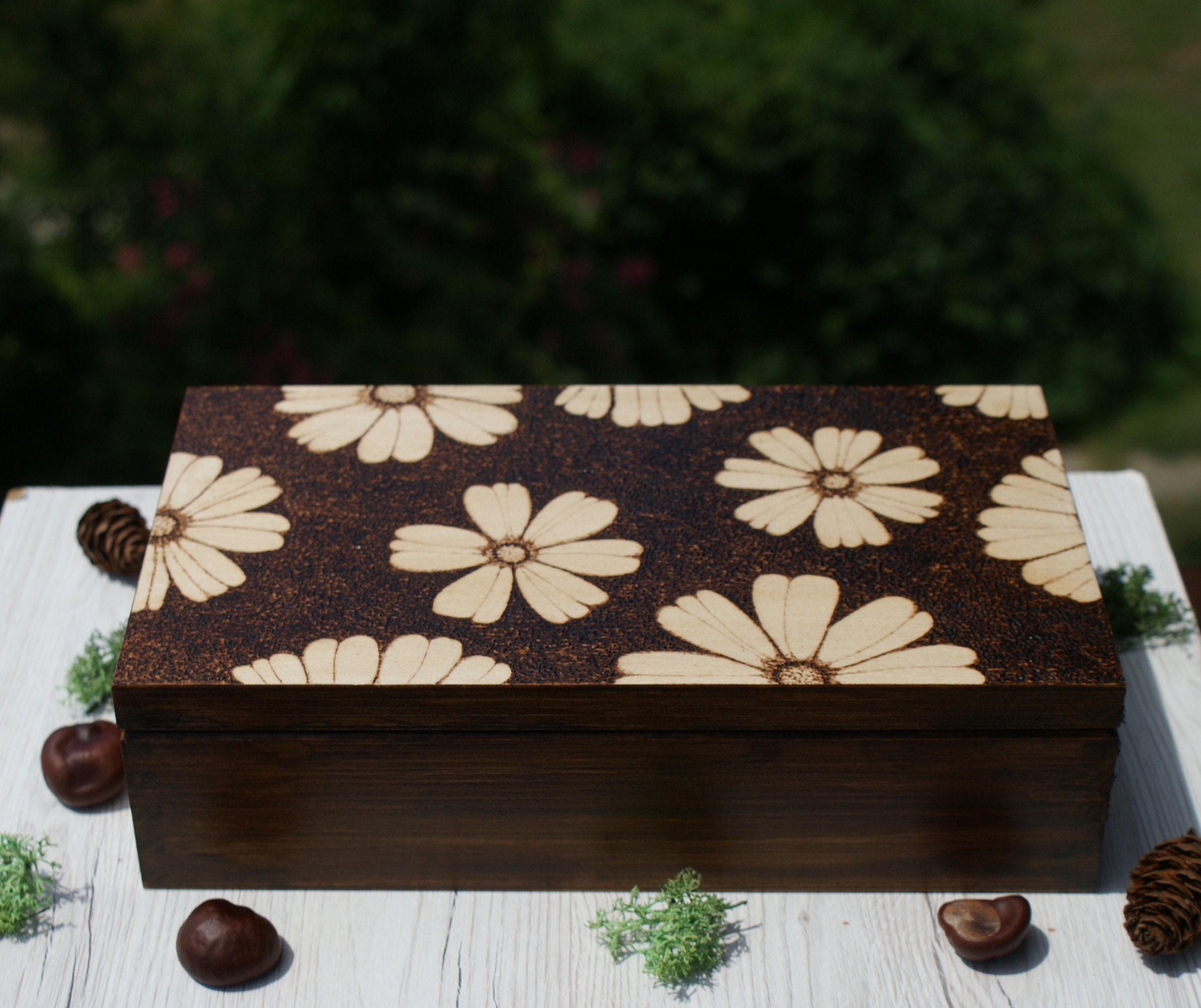 wooden tea box, rustic box, wooden tea organizer, flower box, jewelry box, jewelry organizer with 8 compartments, pyrography box