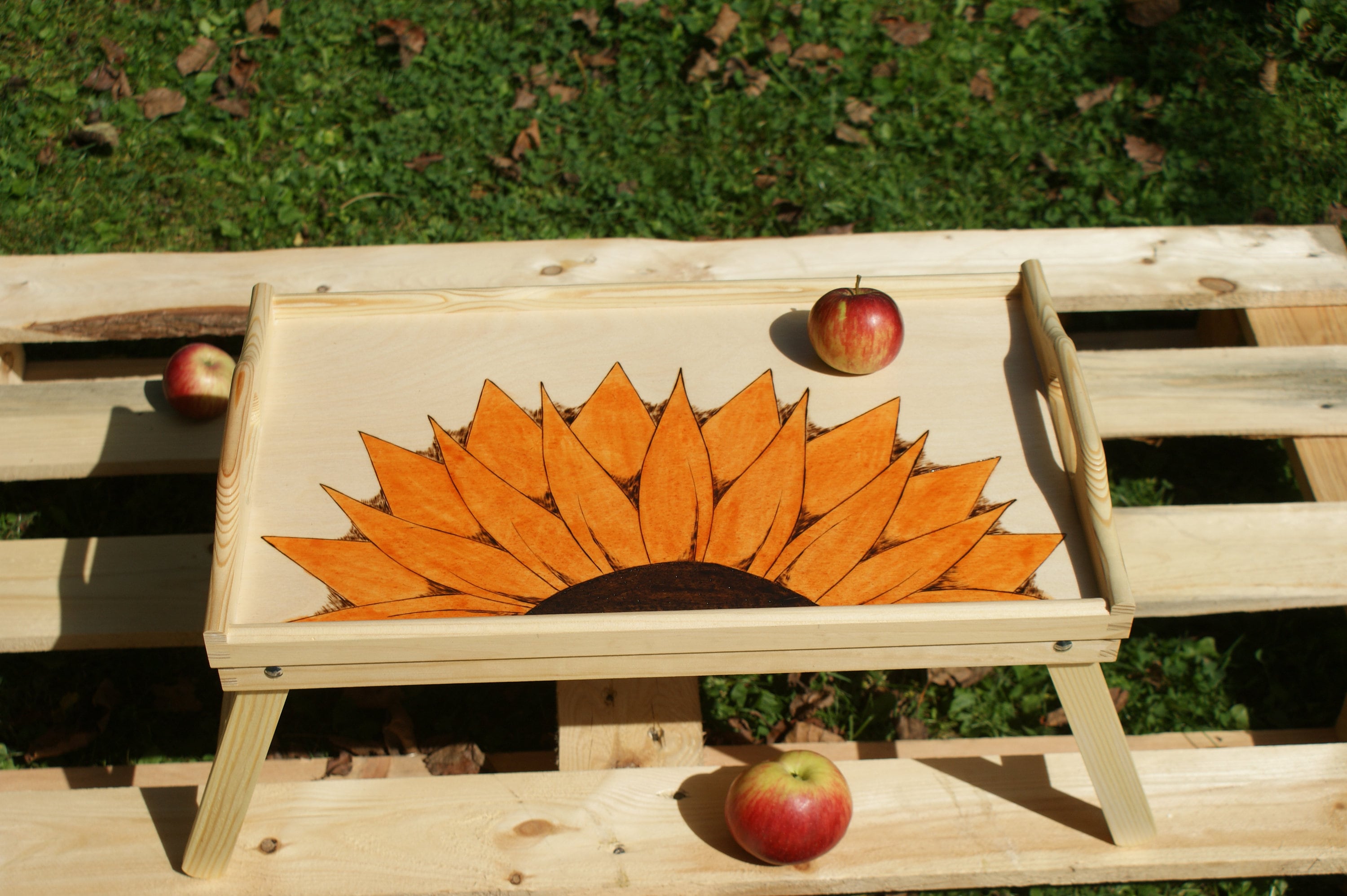 wooden tray for breakfast in bed, breakfast tray, wooden tray with legs, laptop tray, bed table, sunflower tray, rustic tray