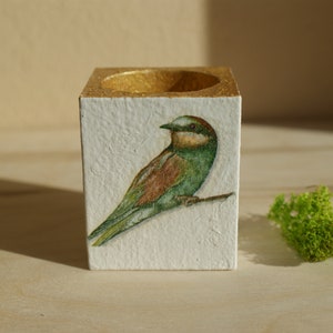 wooden candle holder, rustic candle holder, t-light holder, tealight candle holder, decoupage candle holder, bird candle holder