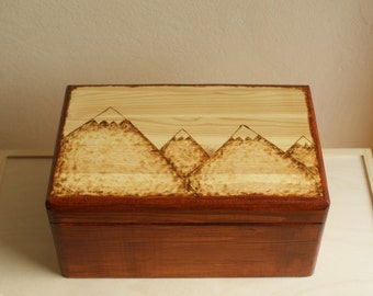 pyrography wooden keepsake box, memory box, wooden box, mountain box, rustic box, storage box