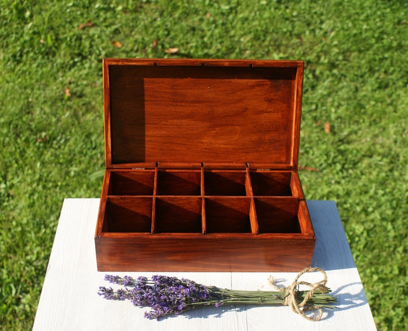 boîte à souvenirs, boîte à souvenirs, boîte à thé en bois, boîte à tournesols à 8 compartiments, boîte à pyrogravure, boîte en bois à compartiments, boîte à bijoux image 3