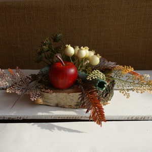 Może przedstawiać: Czerwone jabłko, białe jagody i brązowe i zielone liście ułożone na plastrze drewna brzozowego. Aranżacja znajduje się na białym drewnianym podłożu.