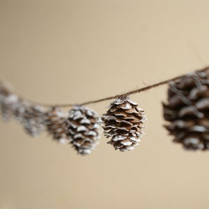 May include: A string of brown pine cones with white paint accents, hanging from a twine string against a beige background.