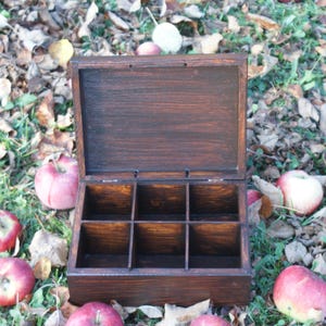 May include: A dark brown wooden box with a hinged lid and nine compartments. The box is open and the compartments are empty. The box is surrounded by red apples.