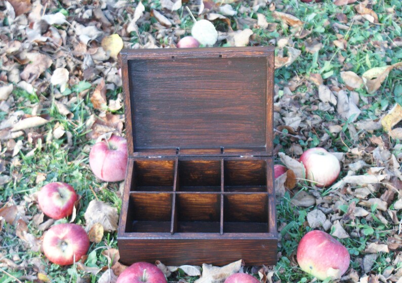 May include: A dark brown wooden box with a hinged lid and nine compartments. The box is open and the compartments are empty. The box is surrounded by red apples.